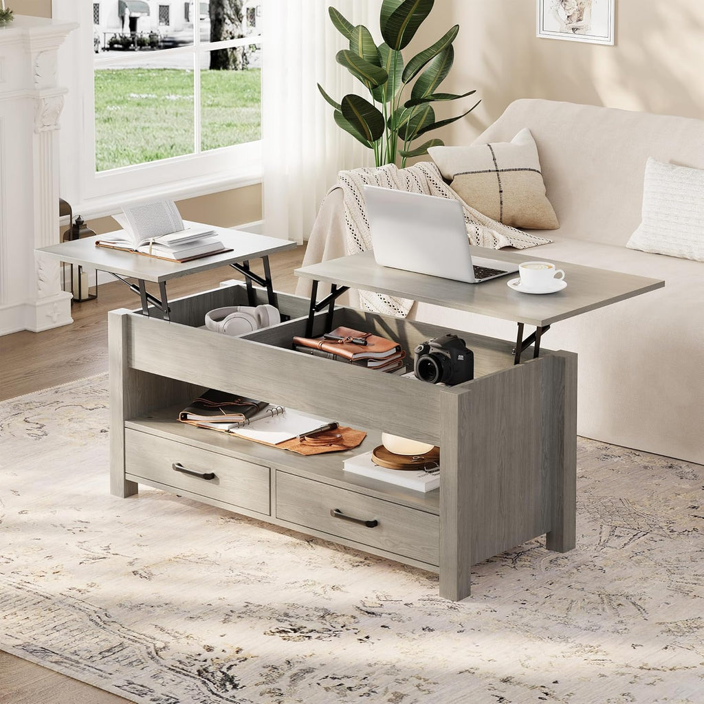 GarveeHome Coffee Table Lift Top, Convertible Coffee Table with Wooden Lift Tabletop, 2 Drawers and Hidden Compartment, Central Table with Storage for Living Room Home Office, Grey