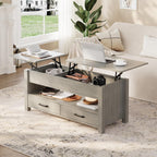 GarveeHome Coffee Table Lift Top, Convertible Coffee Table with Wooden Lift Tabletop, 2 Drawers and Hidden Compartment, Central Table with Storage for Living Room Home Office, Grey