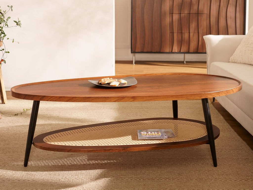 Shrine Oval Wood and Rattan Coffee Table, Mid-Century Modern Coffee Table, Two-Tier Brown Walnut Table for Living Room, D47.2''x W25''x H15.3'', Walnut Wood Top and Woven Rattan Base