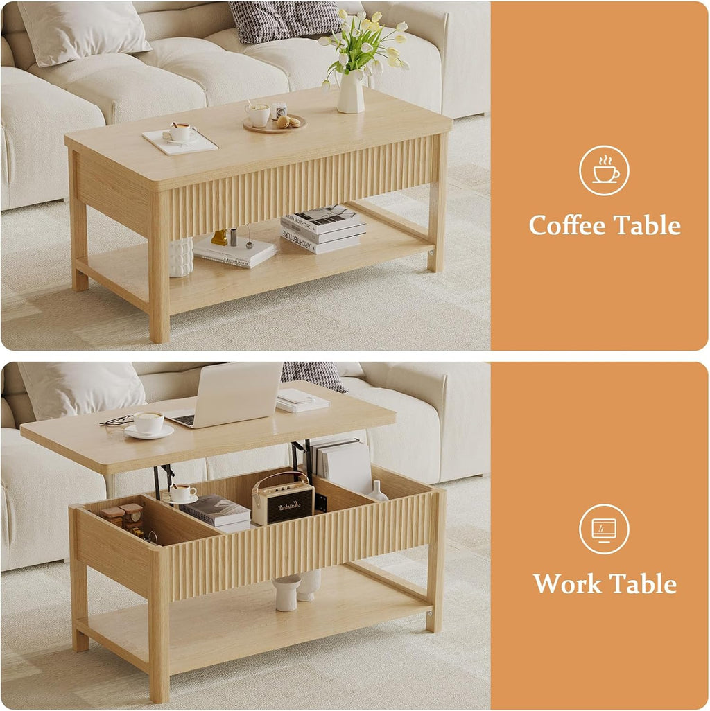 Lift Top Coffee Table with Storage for Living Room, 2-in-1 Modern Center Table & Desk with Hidden Storage Compartment & Open Shelf, Space Saving for Small Space & Apartment (Oak)