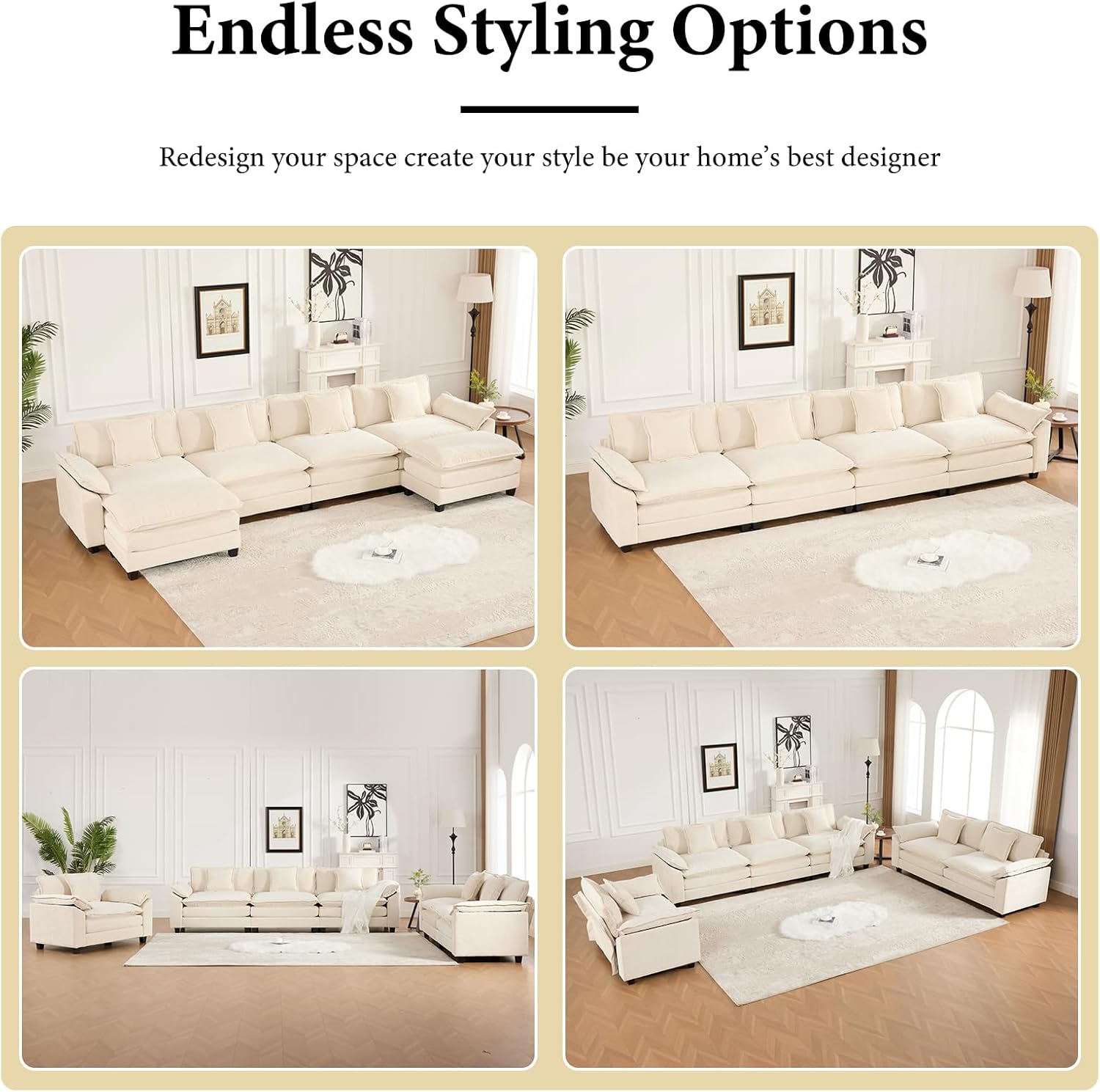 117.3” Beige Modular Sectional Sofa, 3 Seater Large Sectional Couches for Living Room, Chenille Fabric Oversized Cloud Couch with Ottoman, Deep Seat Wide Armrest Home Sofas Set, Sofá Moderno, L Shaped