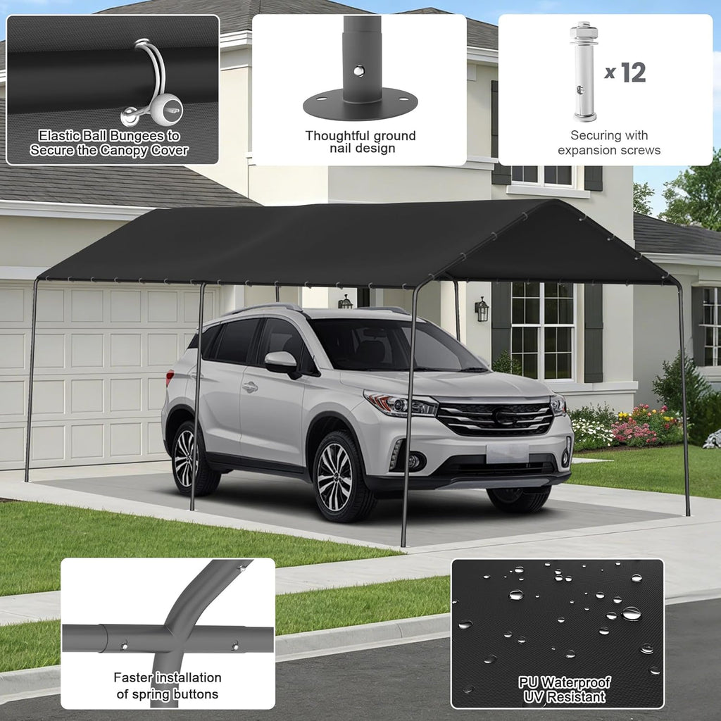 10 x 20 FT Carport Heavy Duty, Portable Garage Canopy Outdoor, Galvanized Car Canopy for Car Garage Shelter Tent Party Tent with Anchor Kit (Black)