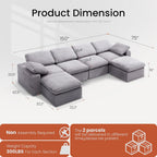 KKL 150" U Shaped Sectional Modular Boneless Sofa, 6 Seater Cloud Couch with Ottoman, Corduroy Sectional Couches for Living Room Bedroom, Grey
