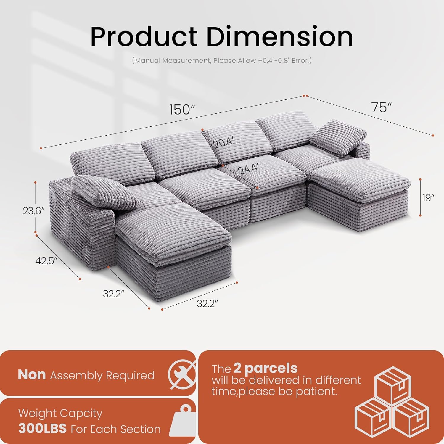 KKL 150" U Shaped Sectional Modular Boneless Sofa, 6 Seater Cloud Couch with Ottoman, Corduroy Sectional Couches for Living Room Bedroom, Grey