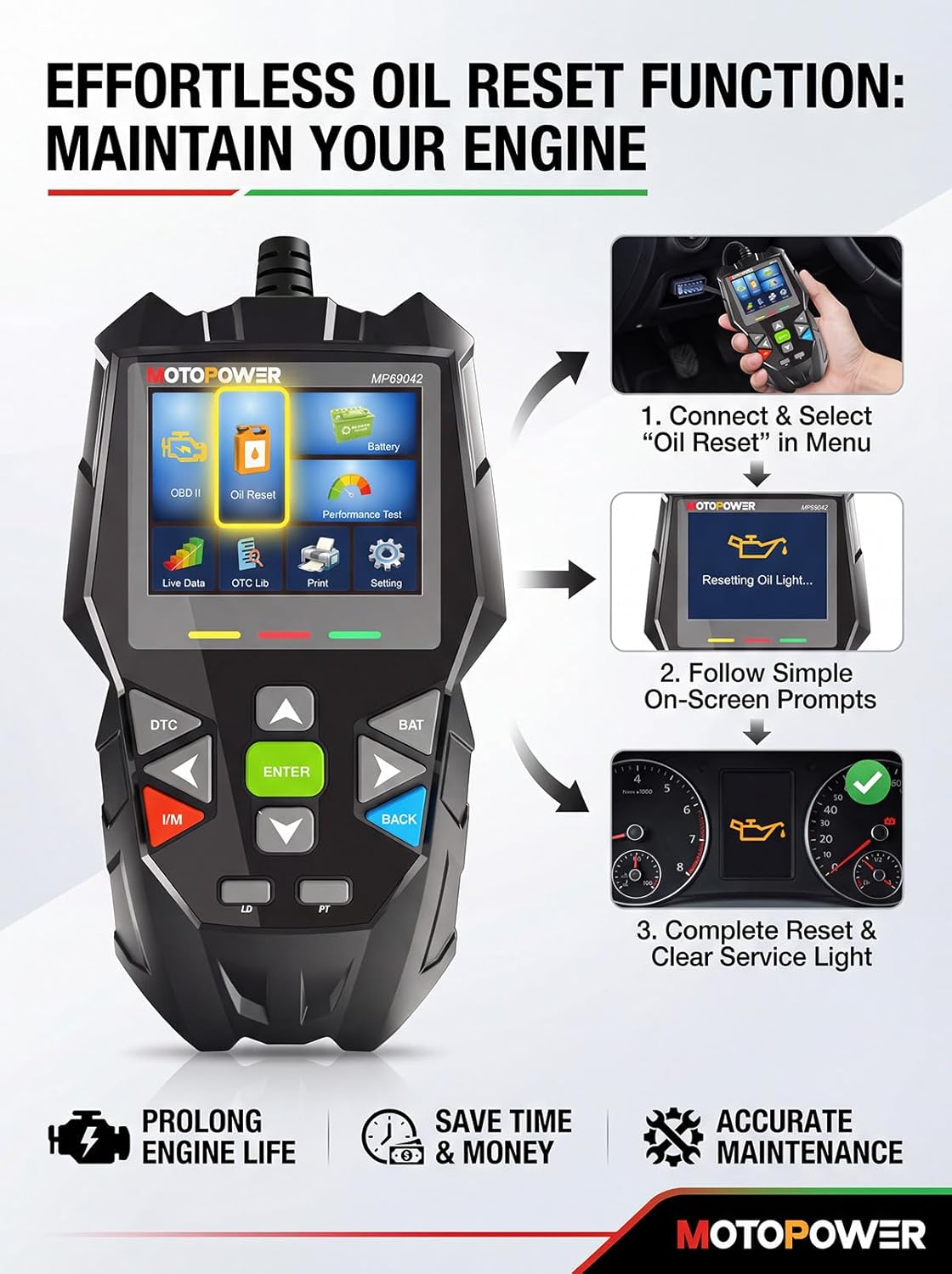 MOTOPOWER 4 in 1 Code Reader Car Diagnostic Scan Tool Oil Maintenance Reset, Battery Test, Performance Test with Lifetime Update