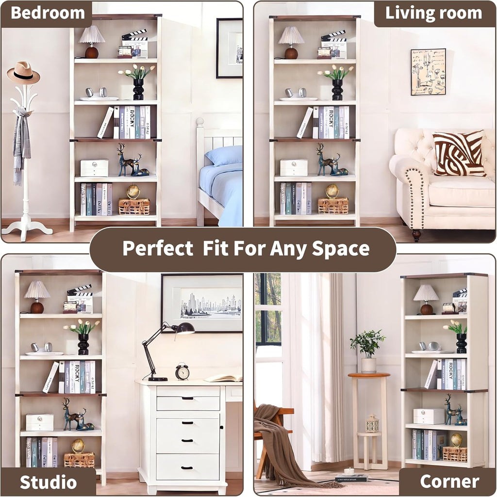 71" Tall Bookshelf, 5-Tier Farmhouse Bookcase, Free Standing Display Shelf & Storage Organizer for Living Room, Home Office, Bedroom,Antique White.