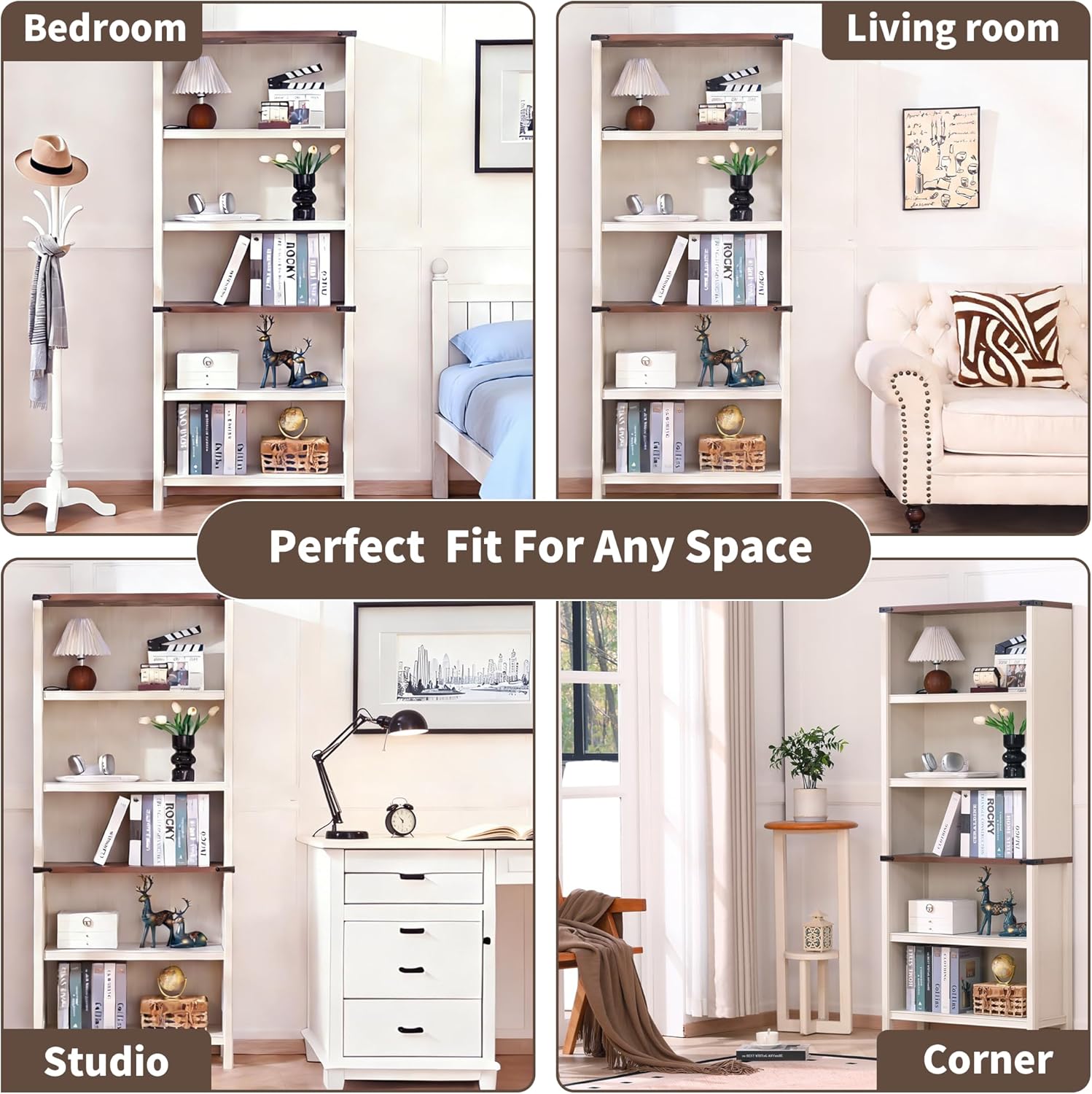 71" Tall Bookshelf, 5-Tier Farmhouse Bookcase, Free Standing Display Shelf & Storage Organizer for Living Room, Home Office, Bedroom,Antique White.