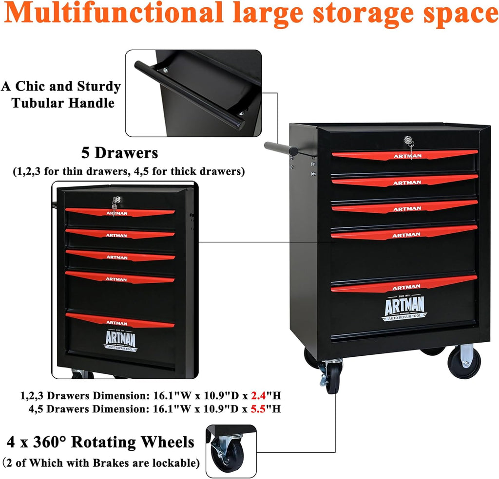 5 Drawers Tool Cart on Wheels, Multifunctional Rolling Tool Storage Chest, Drawers Rolling Trolley Organizer Tool Box for Warehouse, Garage, Workshop, Repair Shop (5 Drawers-30.5"H)