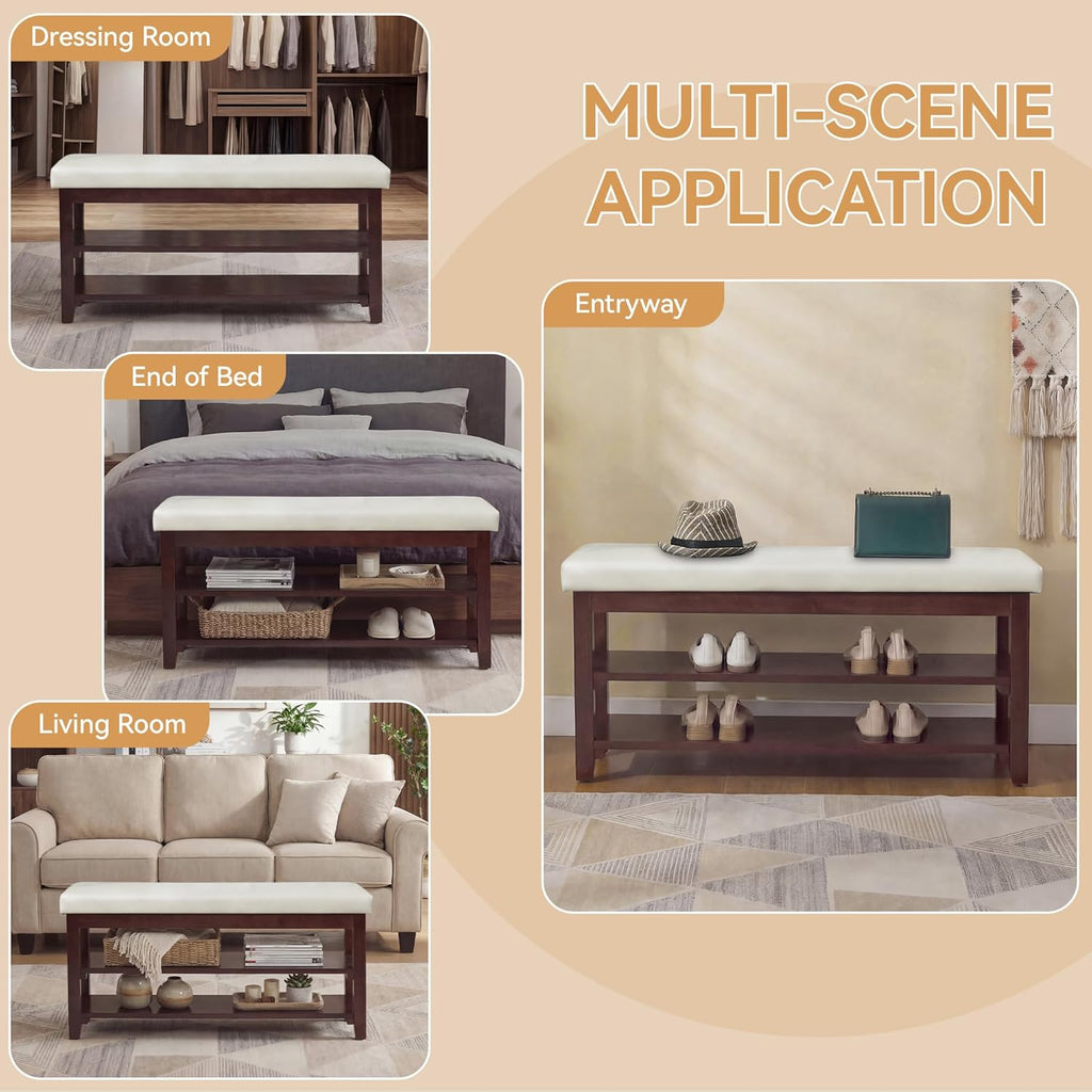 40" Shoe Storage Bench, Entryway Benches with Storage, Upholstered Storage Bench with Leather Cushion, Solid Wooden 2 Tier Rack Shoe Organizer for Entry Way, Bedroom, Living Room, Beige