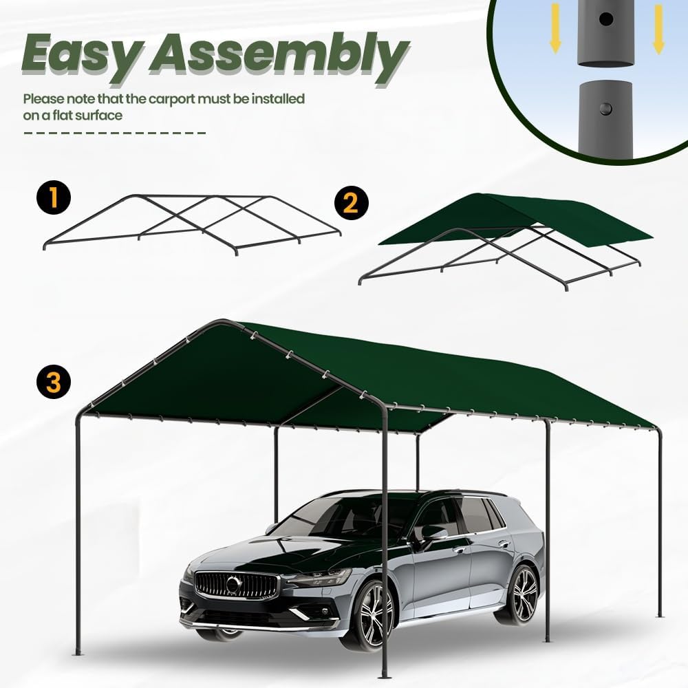 Carport 10x20 FT Heavy Duty Carport Canopy Tent Waterproof，Portable Car Shelter Garage Tent for Backyard Shade,Gathering and Storage for Boats,Cars,Tractors (Green (No Sidewall