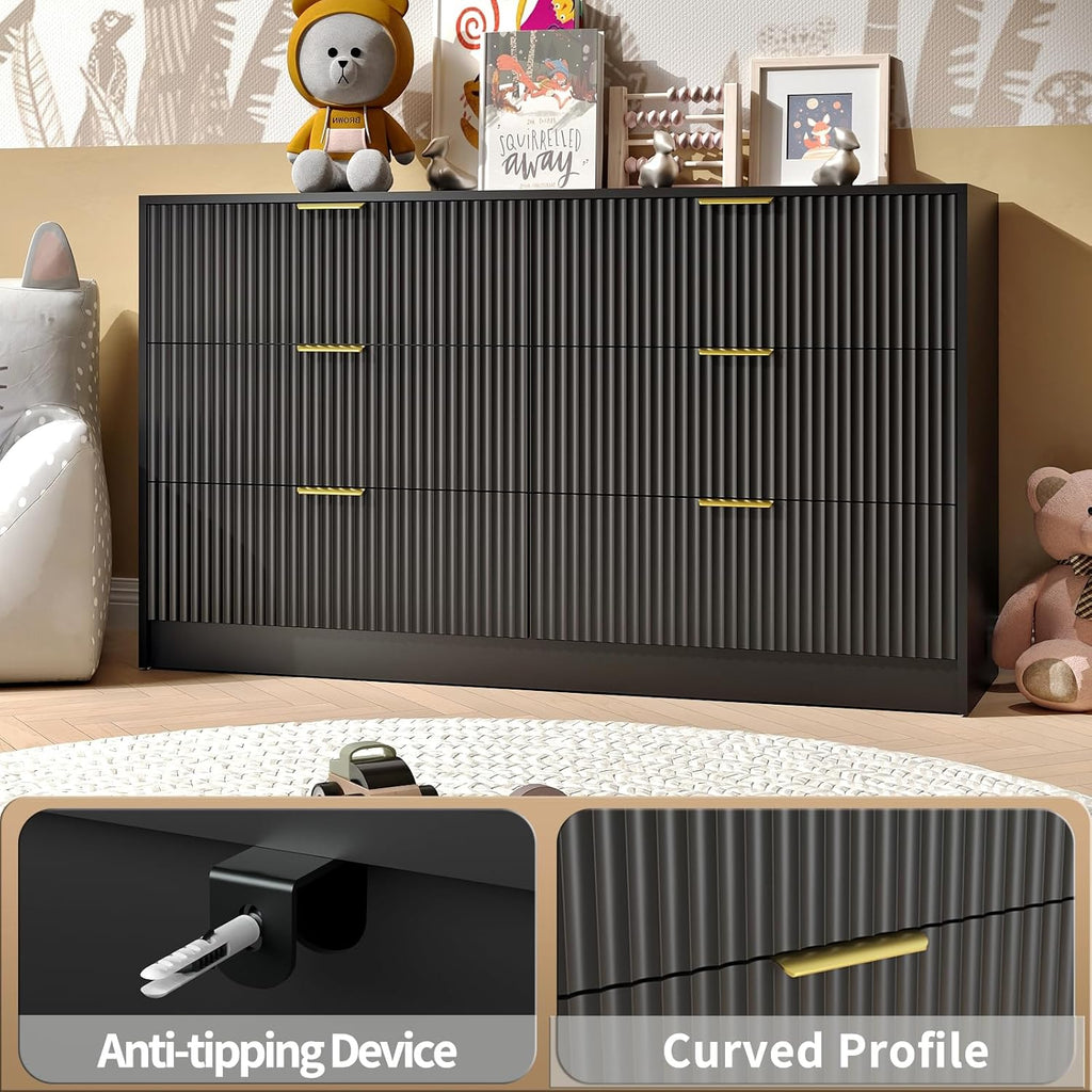 Black Dresser with 6 Deep Drawers, 55” Wide Fluted Dresser for Bedroom with Gold Handle, Modern Chest of Drawer for Closet, Bedroom, Living Room, Black