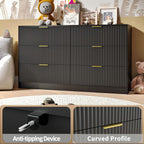 Black Dresser with 6 Deep Drawers, 55” Wide Fluted Dresser for Bedroom with Gold Handle, Modern Chest of Drawer for Closet, Bedroom, Living Room, Black