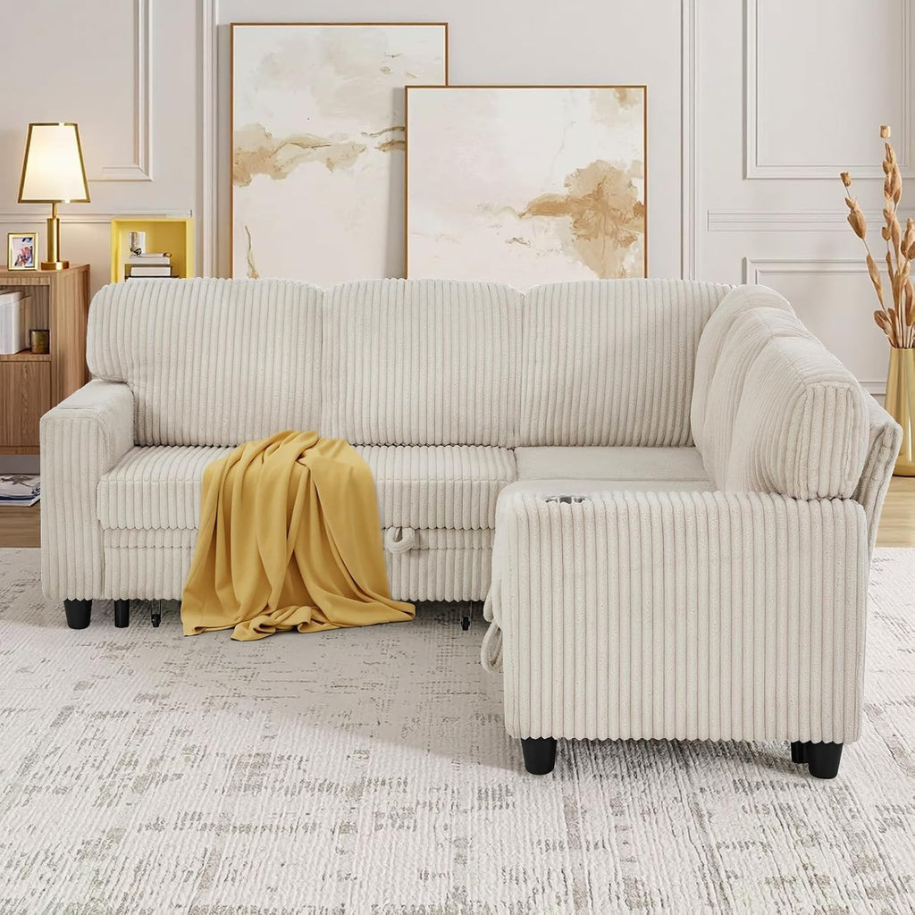 81" Modular Sectional Sofa, L Shaped 5-Seater Sleeper Sofa with Pull Out Bed, Hidden Storage, Cup Holders & USB Charging Ports, Sectional Couches for Living Room, Corduroy, Beige