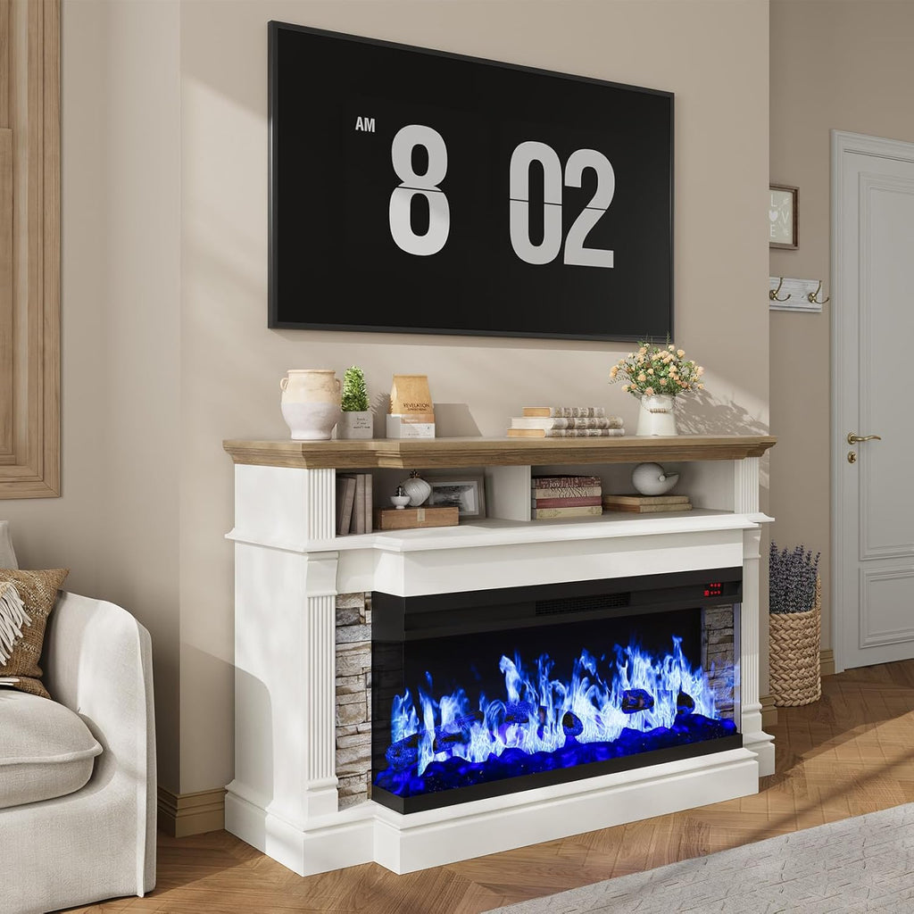 QUW Fireplace TV Stand for TVs up to 65", Farmhouse 52" Fireplace Entertainment Center with 36" 3-Side Glass Electric Fireplace, TV Console with Open Storage Shelves for Living Room, Antique White
