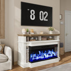 QUW Fireplace TV Stand for TVs up to 65", Farmhouse 52" Fireplace Entertainment Center with 36" 3-Side Glass Electric Fireplace, TV Console with Open Storage Shelves for Living Room, Antique White