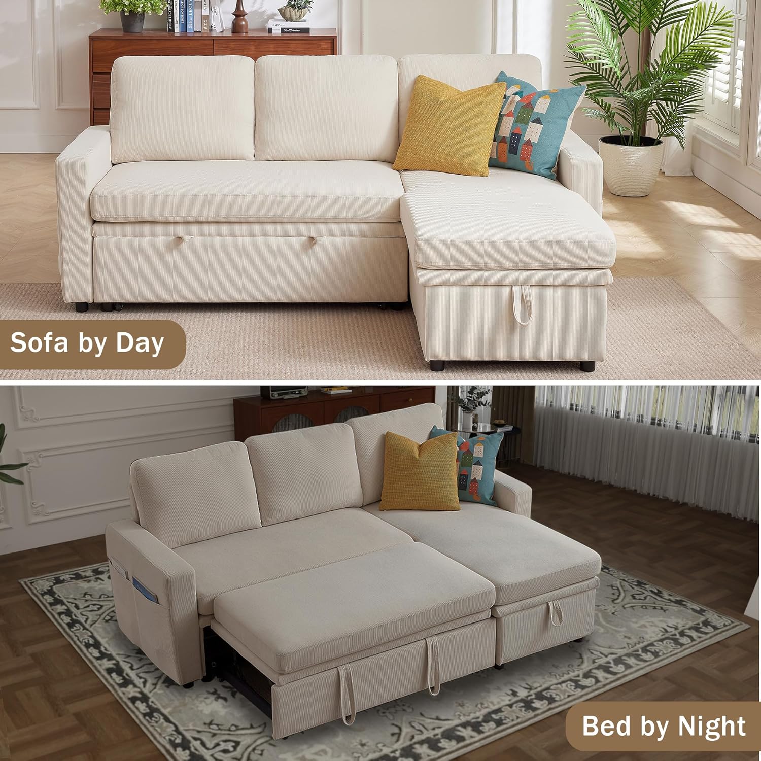 Sleeper Sofa, 79" Sectional Sofa Bed, 2 in 1 Pull Out Couch Bed with Storage Chaise and Side Pockets, L Shaped Sleeper Couch for Living Room, Beige