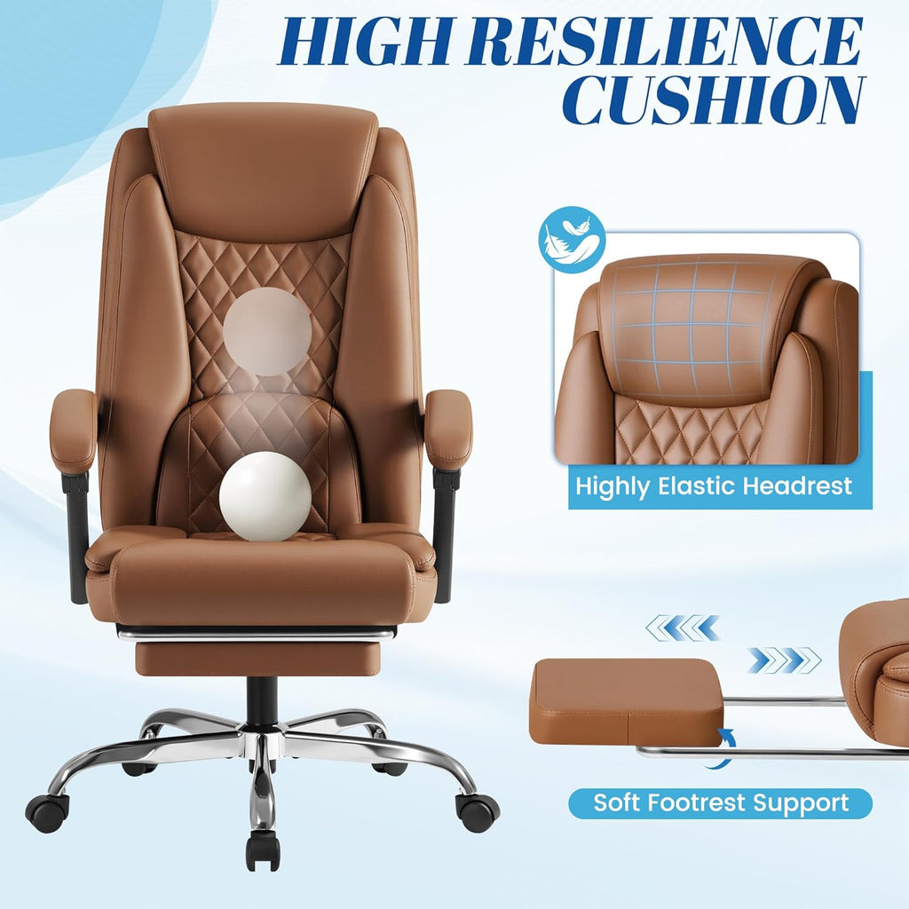 Furmax Office Chair with Footrest Ergonomic High Back Design Executive Computer Desk Chair400lbs, 90-135° Reclining Leather Home Office Desk Chairs Swivel Task Chairs with Wheels (Brown)
