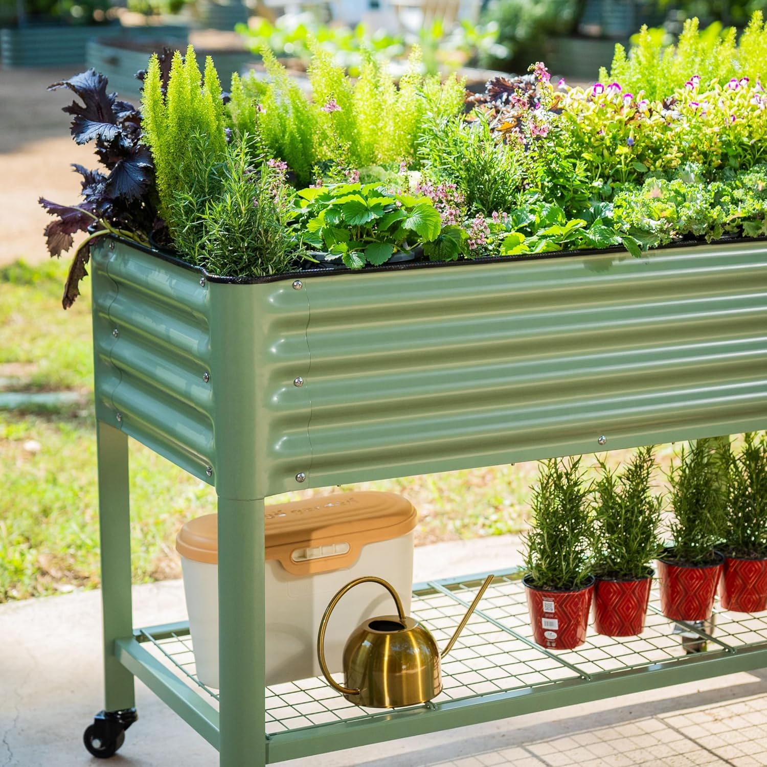 Elevated Raised Garden Bed-V Series  2' x 4' Garden Beds with Legs & Storage Rack for Patio Porch  700 Lbs Weight Capacity  Outdoor Planter Boxes for Gardening Herbs Vegetables Flowers  Olive Green