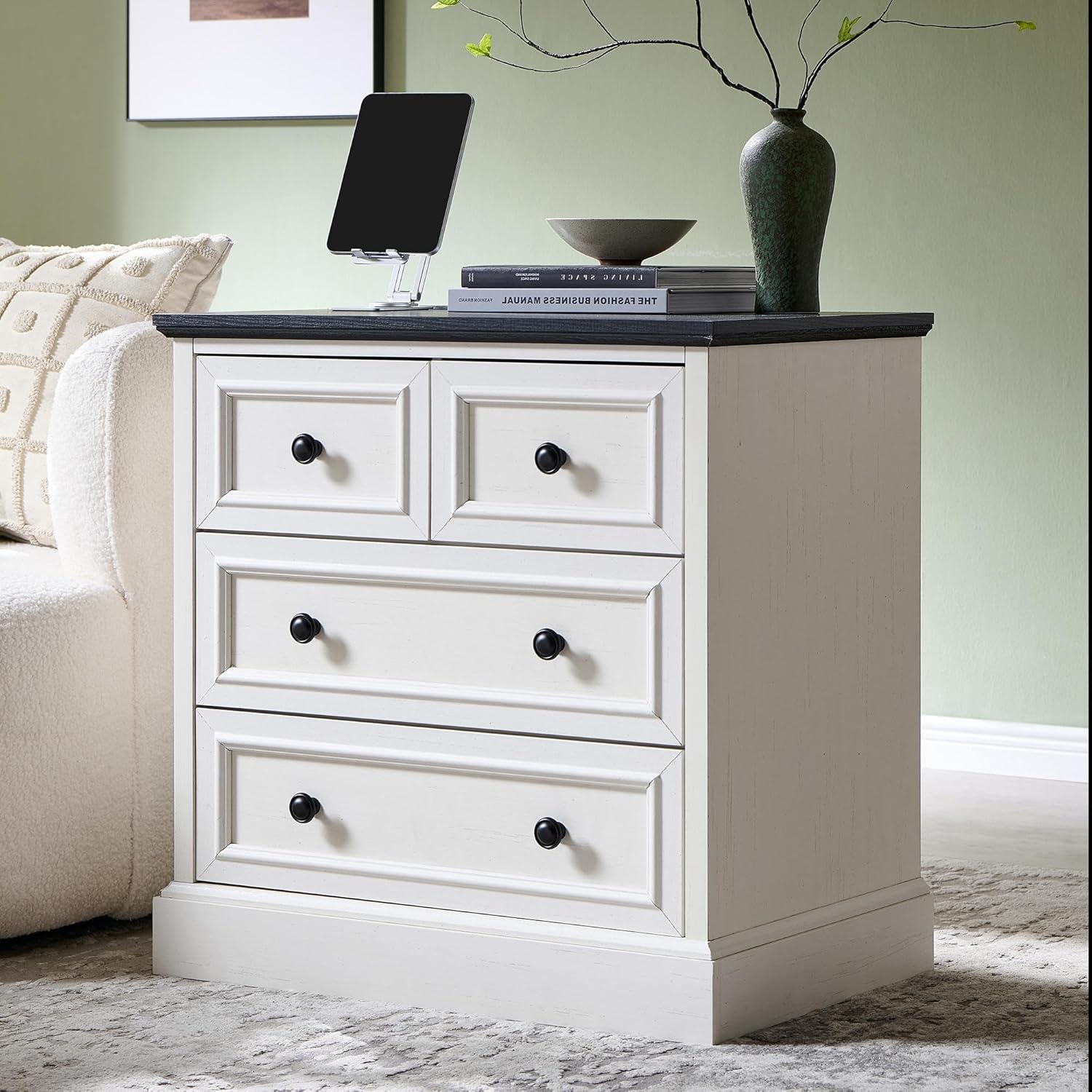 ACCOHOHO 26" W Nightstands Set of 2, Farmhouse End Table with 4 Drawers for Storage, Nightstand with Charging Station for Bedroom, Off White
