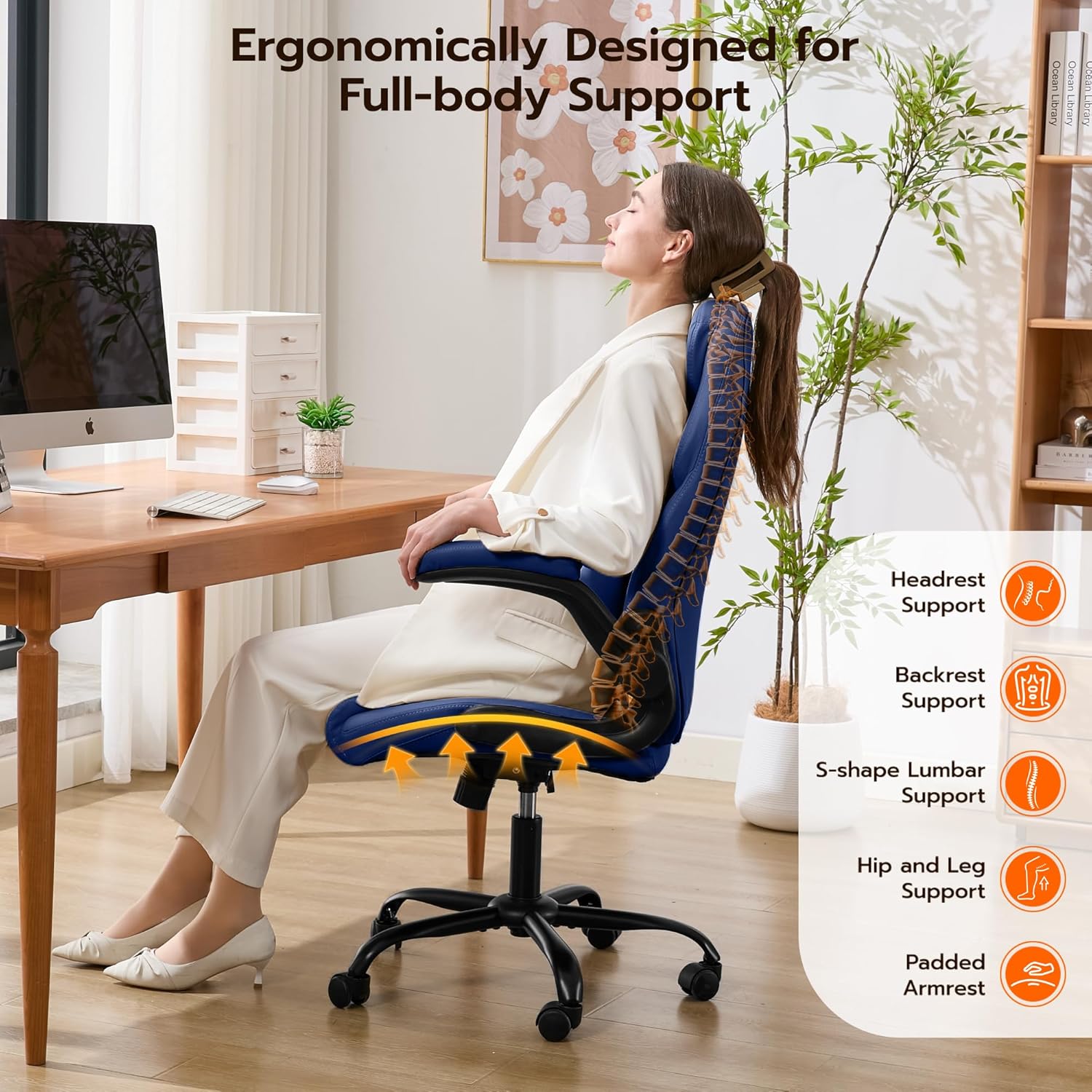 Office Desk Chair, Ergonomic Computer Chair with Padded Flip-Up Arms and Adjustable Lumbar Support, PU Leather Executive Chair with Tilt Lock and 360° Swivel Rolling Wheels for Work, Study