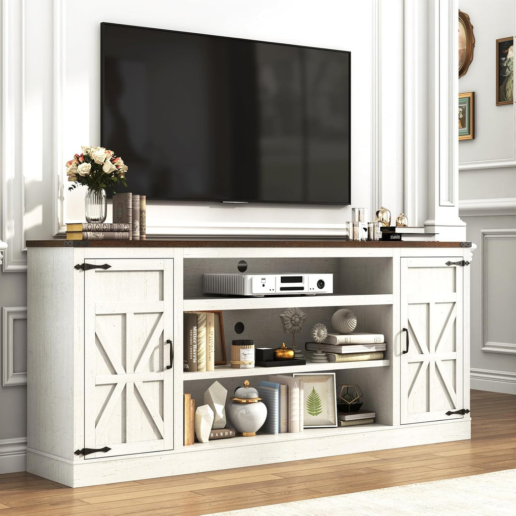 75" Farmhouse TV Stand with Power Outlets for 85 Inch TVs, 33" Tall Entertainment Center with Storage Cabinets w/Adjustable Shelves, Rustic Large TV Media Console, Rustic White