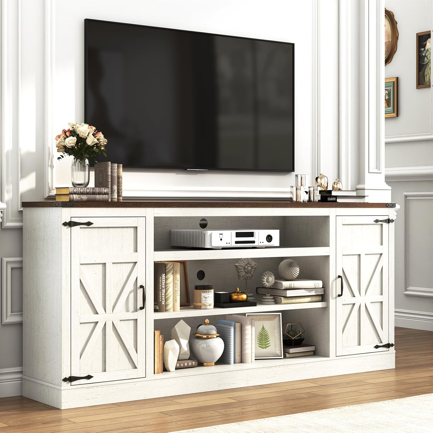 75" Farmhouse TV Stand with Power Outlets for 85 Inch TVs, 33" Tall Entertainment Center with Storage Cabinets w/Adjustable Shelves, Rustic Large TV Media Console, Rustic White