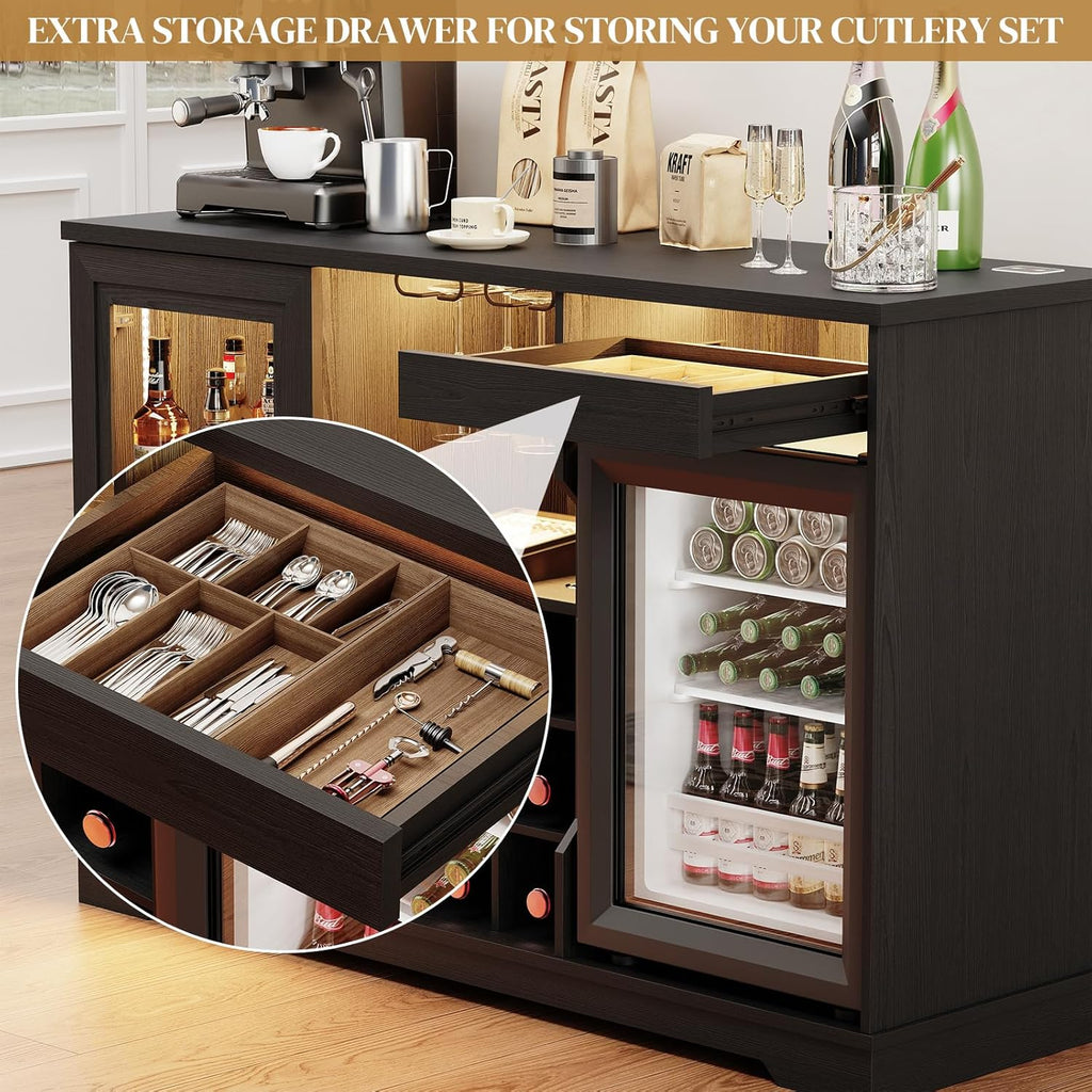 Coffee Bar Cabinet with Fridge (Fridge Included), Large Liquor Bar Cabinet with LED Lights, Glass Holder & Wine Rack, Wine Cabinet with Human Body Sensor, Buffet Sideboard for Home, Black