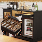 Coffee Bar Cabinet with Fridge (Fridge Included), Large Liquor Bar Cabinet with LED Lights, Glass Holder & Wine Rack, Wine Cabinet with Human Body Sensor, Buffet Sideboard for Home, Black
