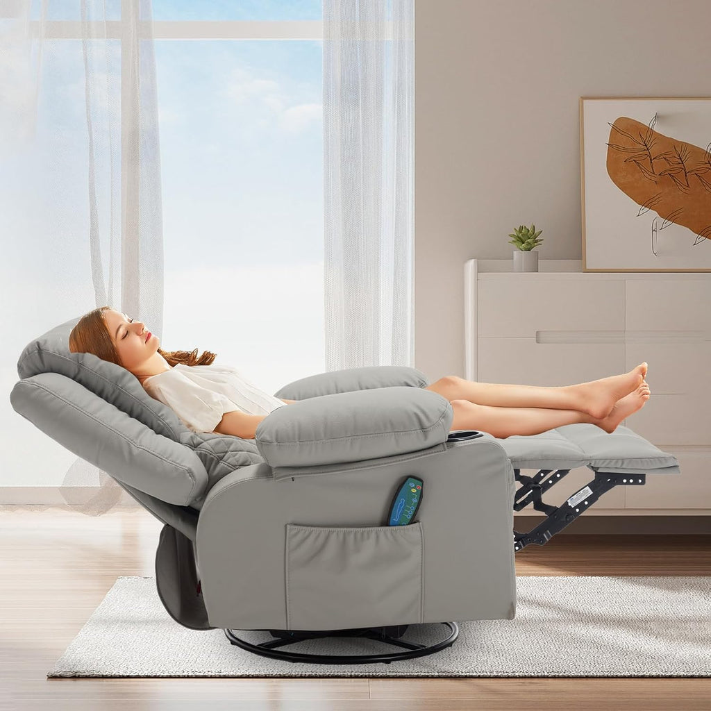 Leather Recliner Chair with Heat and Massage Cup Holder, Thickly Padded Overstuffed Rocking Glider Chair, Swivel Rocker Recliner Chair for Nursery, Grey