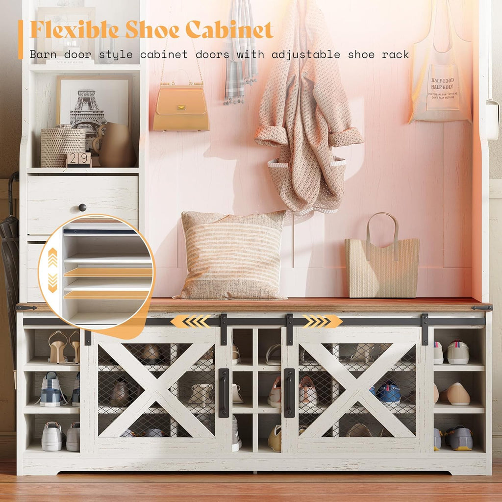 AMERLIFE 7-in-1 Farmhouse Hall Tree with Bench and Shoe Cabinet, LED Entryway Organizer with 2 Drawers, 12 Shoe Cubbies & Barn Doors, 7 Coat Racks with Shoe Storage, Rustic White
