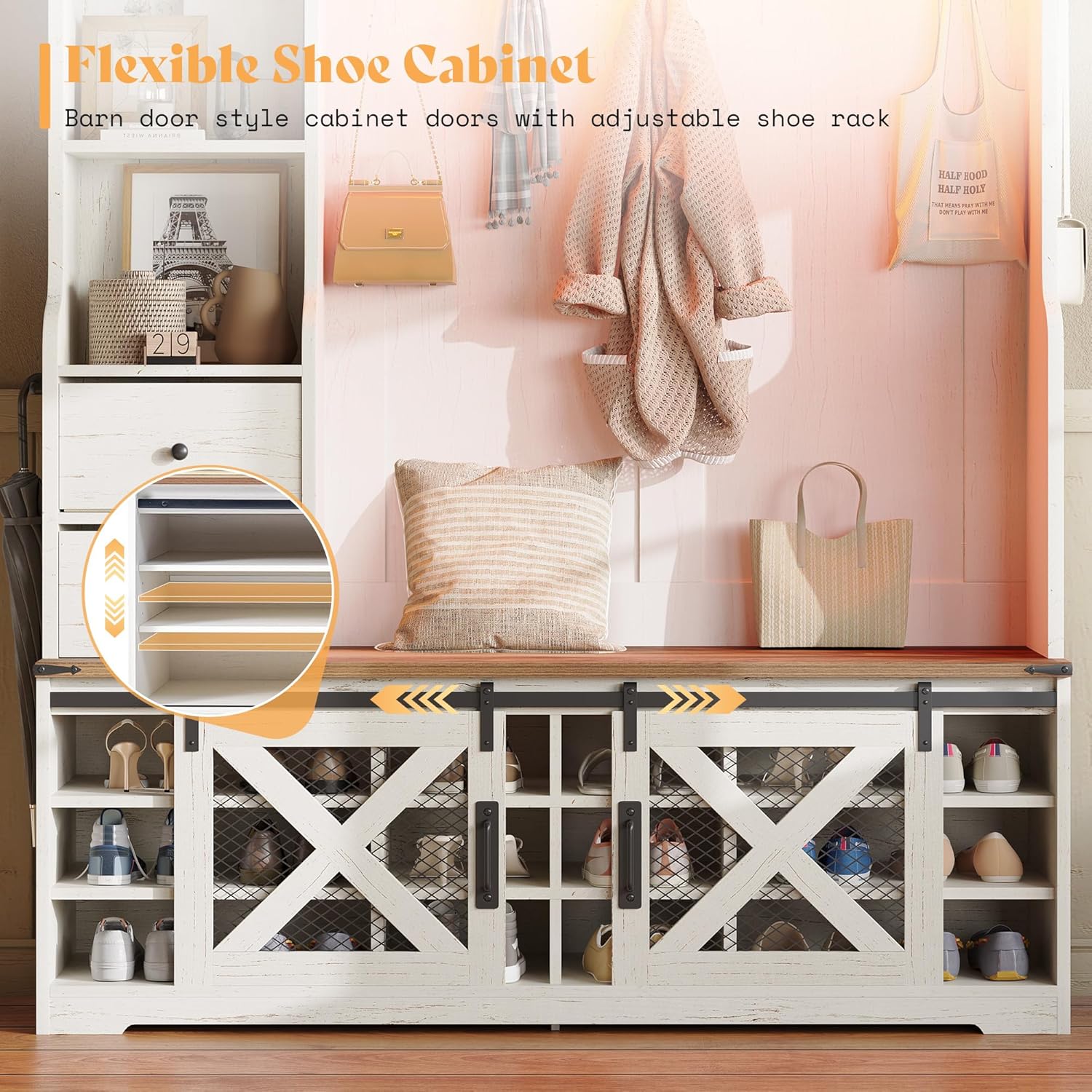 AMERLIFE 7-in-1 Farmhouse Hall Tree with Bench and Shoe Cabinet, LED Entryway Organizer with 2 Drawers, 12 Shoe Cubbies & Barn Doors, 7 Coat Racks with Shoe Storage, Rustic White