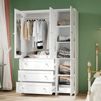 VOWNER Armoire Wardrobe Closet with Drawers and Mirror, 71" Clothing Storage Cabinet with Hanging Rod, 4 Doors Wooden Wardrobe Cabinet for Bedroom, Large Capacity Storage