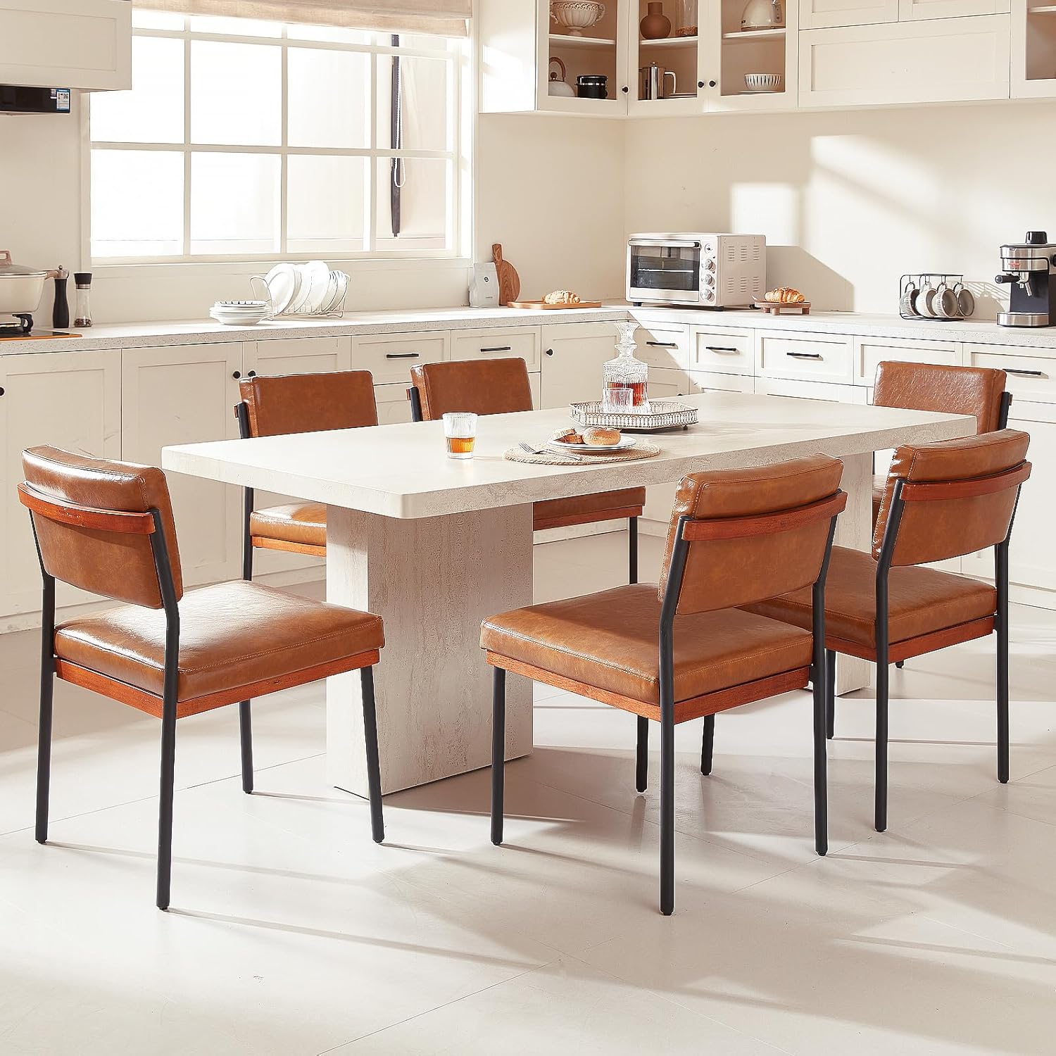 Modern Dining Chairs Set of 4, Kitchen Chairs with Thick Cushions and Adjustable Foot Pads, Upholstered Faux Leather Dining Room Chairs with Sturdy Metal Legs,Brown