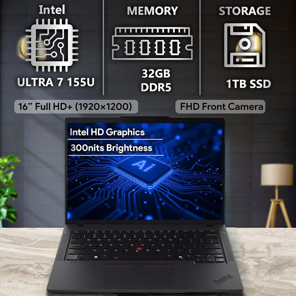 Lenovo ThinkPad T14 Gen 5 AI Business Laptop  14" FHD+ Display  Intel Ultra 7 155U  32GB DDR5 RAM  1TB SSD PCIe  Fingerprint  Backlit Keyboard  WiFi 6E + BT  RJ-45  HD Webcam  Win 11 Pro - Black
