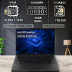 Lenovo ThinkPad T14 Gen 5 AI Business Laptop  14" FHD+ Display  Intel Ultra 7 155U  32GB DDR5 RAM  1TB SSD PCIe  Fingerprint  Backlit Keyboard  WiFi 6E + BT  RJ-45  HD Webcam  Win 11 Pro - Black