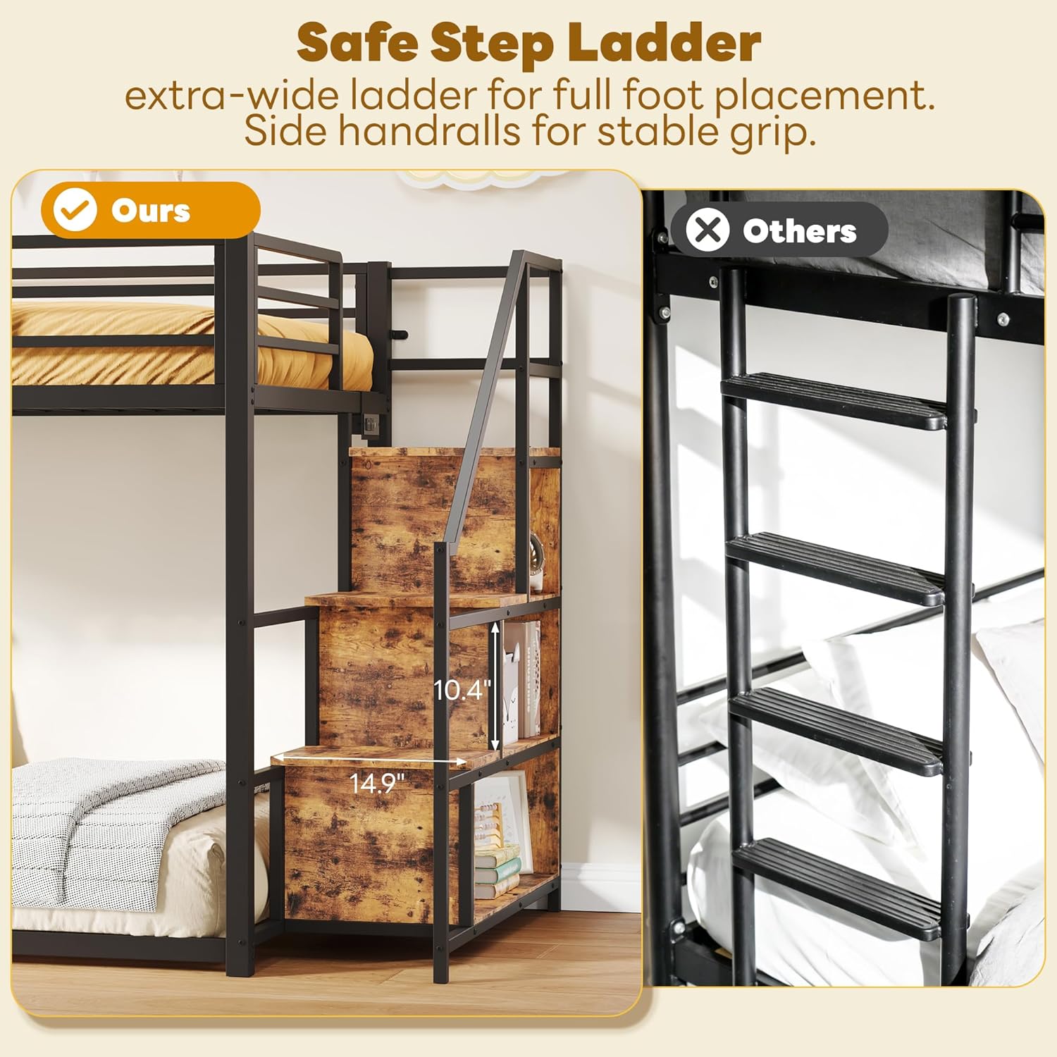 LIKIMIO Bunk Bed Twin Over Twin, Metal Floor Bed Frame with Power Outlet, Storage Staircase and Safety Guardrail, Space Saving for Apartment or Dorm, No Box Spring Needed, Vintage Brown