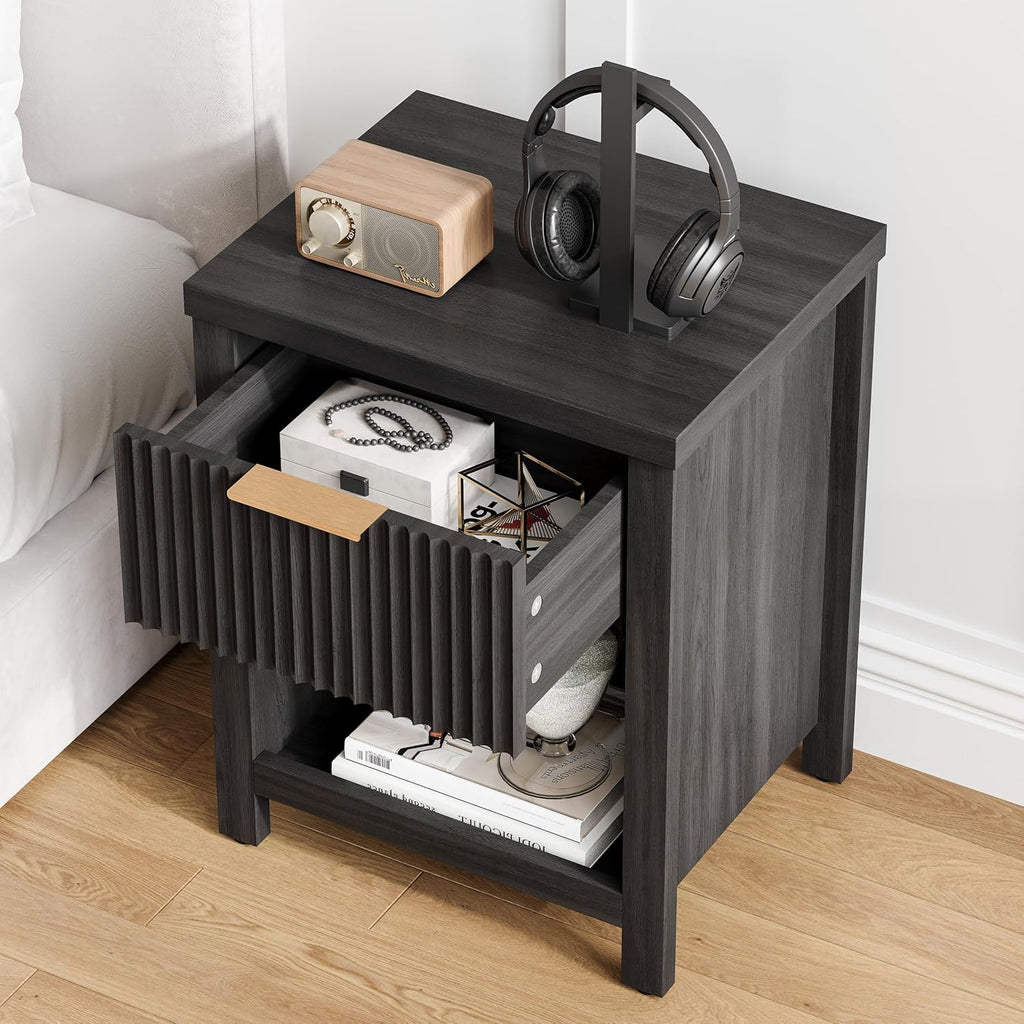 Fluted Nightstands Set of 2, Brooklyn Night Stand with Drawers, Modern Beside Table with Storage, Small End Table for Bedroom Living Room Small Space (2, Grey) BNS101BG-2