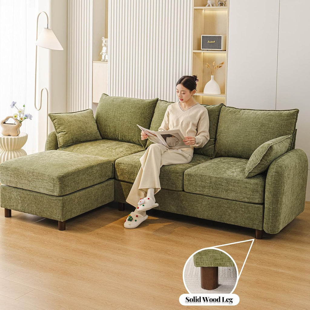 86'' Sectional Couches, L Shaped Couch with Movable Chaise Lounge,Comfy 3 Seats Sofa with Thick Cushion,Wood Legs,2 Throw Pillows,Sectional for Living Room,Bedroom,Apartment,Chenille,Green