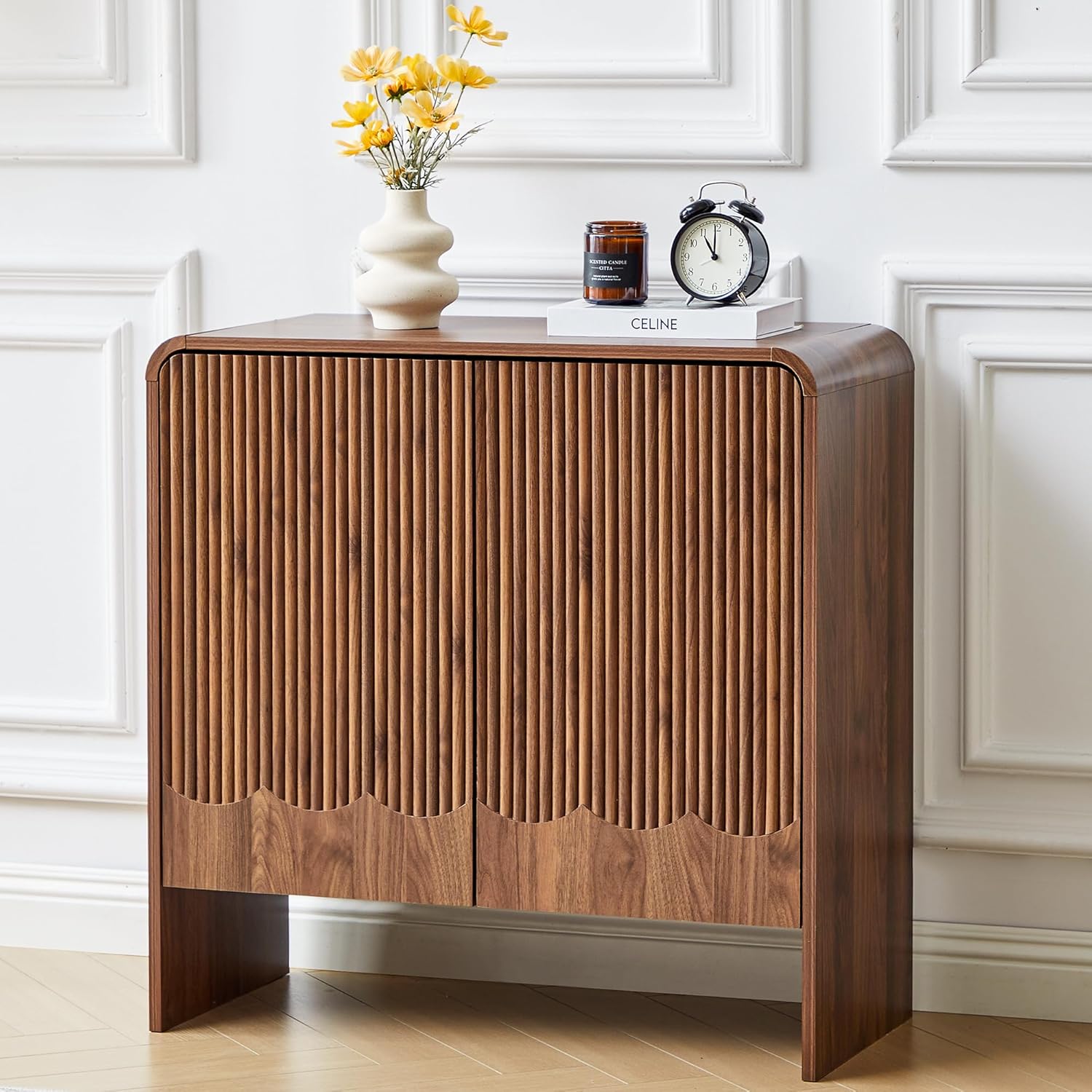 Fluted Sideboard Buffet Cabinet with Storage Set of 3, Mid Century Modern Storage Cabinet with Curved Edge and Adjustable Shelves for Kitchen Dining Room Living Room (Walnut, 3 pcs)
