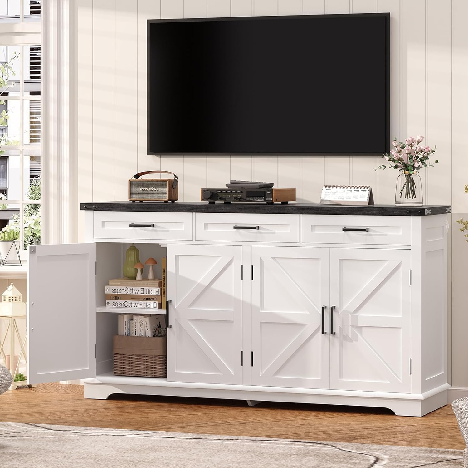 TEENFON 61" Farmhouse Buffet Cabinet with 2 Adjustable Shelves, Sideboard with 3 Drawers & 4 Doors, Rustic Storage Cabinet for Kitchen, Entryway, Coffee Bar, White