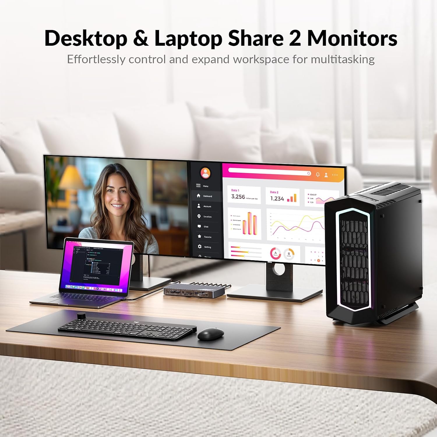 AV Access 8K KVM Switch 2 Monitors 2 Computers for Laptop & Desktop  100W USB-C Charge for Laptop  Ethernet  Docking Station Dual Monitor 8K@60Hz/4K@165Hz  4xUSB 3.2  Audio  SD  Wired Remote Control