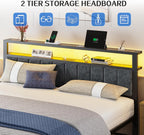 King Size Platform Bed Frame with LED Lights, Grey Upholstered Headboard with 2-Tier Storage Shelves, Charging Station, Noise Free, No Box Spring Needed, Easy Assemably