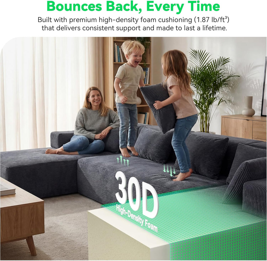 141'' Modular Sectional Sofa, PRO Version U-Shape Boneless Couch, Oversized Deep Seating Cloud Couch, No Assembly, High-Resilience Foam, Soft Corduroy Fabric, for Living Room Apartments Grey | High-Resilience Foam