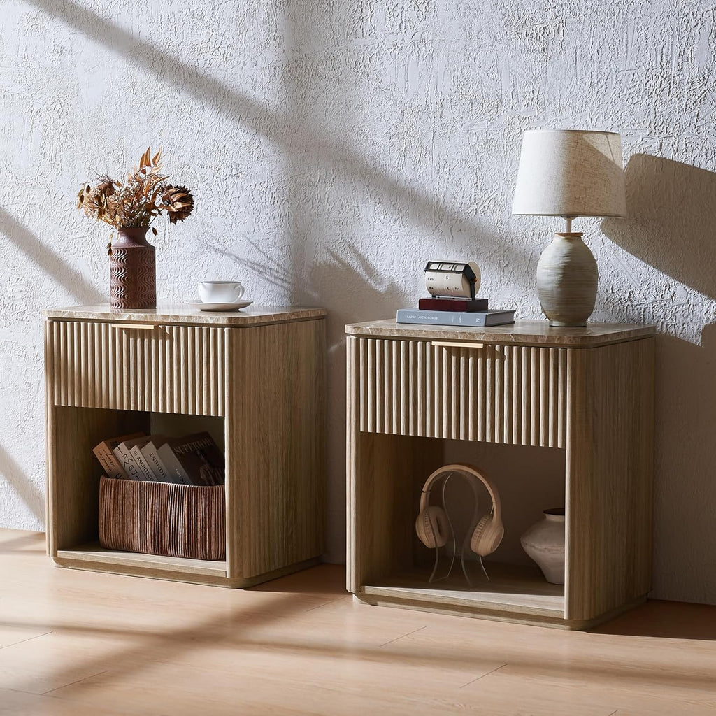 Fluted Nightstand Set of 2, Bedside Table with Faux Marble-Top, Engineered Wood Side Table with Drawer Open Shelf, Curved Corners, Modern Night Stand for Bedroom, Small Spaces, Natural Oak