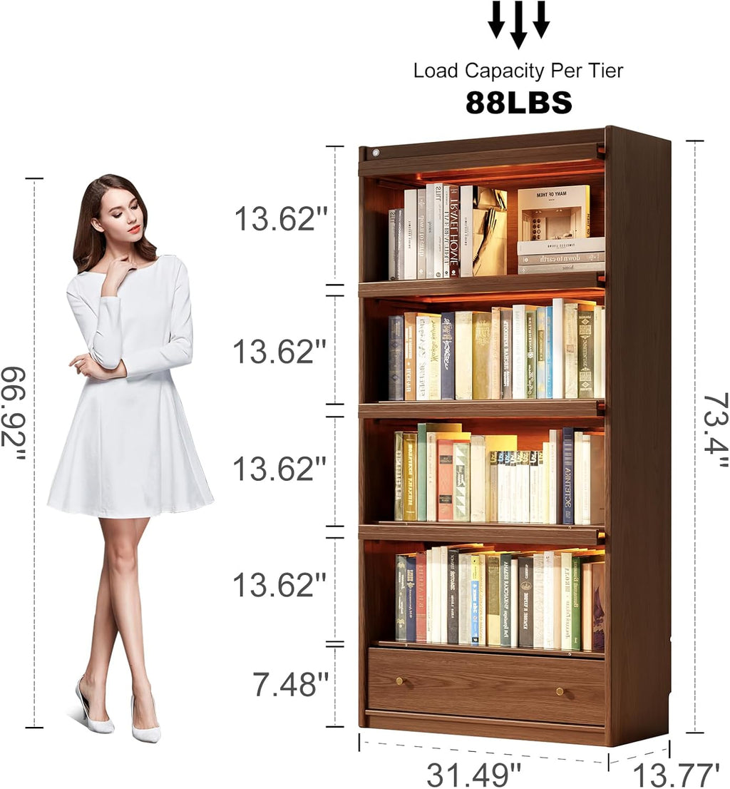 AQIMUELE Solid Wood Bookcase - 5-Tier Book case with 3 Color LED, 73.5" H x 32" W Tall Bookshelf with Clear Glass Doors and Storage Display Case Cabinet for Living Room