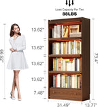 AQIMUELE Solid Wood Bookcase - 5-Tier Book case with 3 Color LED, 73.5" H x 32" W Tall Bookshelf with Clear Glass Doors and Storage Display Case Cabinet for Living Room