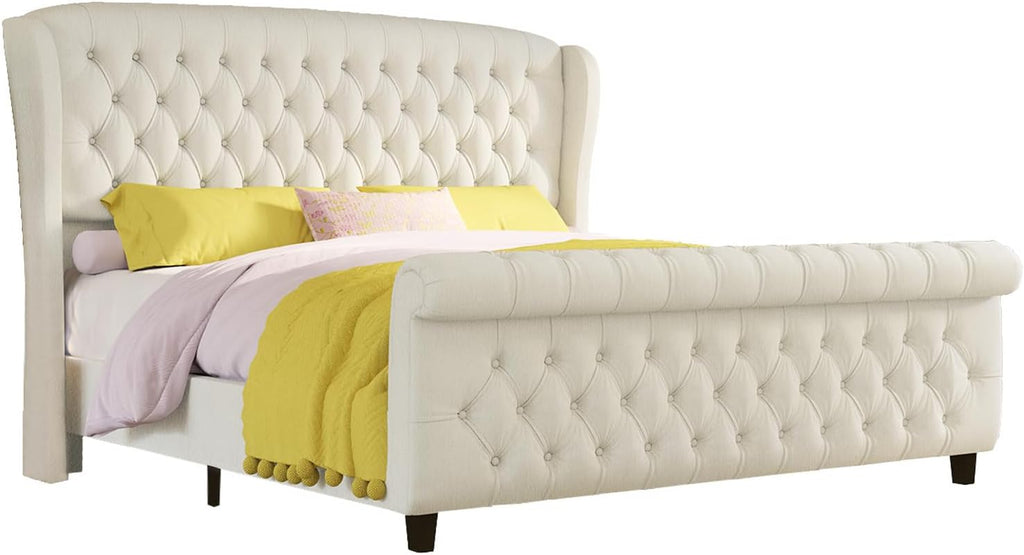King Size Platform Bed Frame, Chenille Upholstered Sleigh Bed with Curved Headboard & Footboard, Deep Button Tufted, Wood Slats Support, No Box Spring Needed, Cream