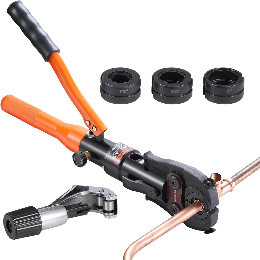 VEVOR Copper Pipe Crimping Tool, Hydraulic Driven Press Tool with 1/2", 3/4", 1" Jaws, Copper Tube Fittings Pipe Crimpers for Narrow Spaces and Tee Fittings