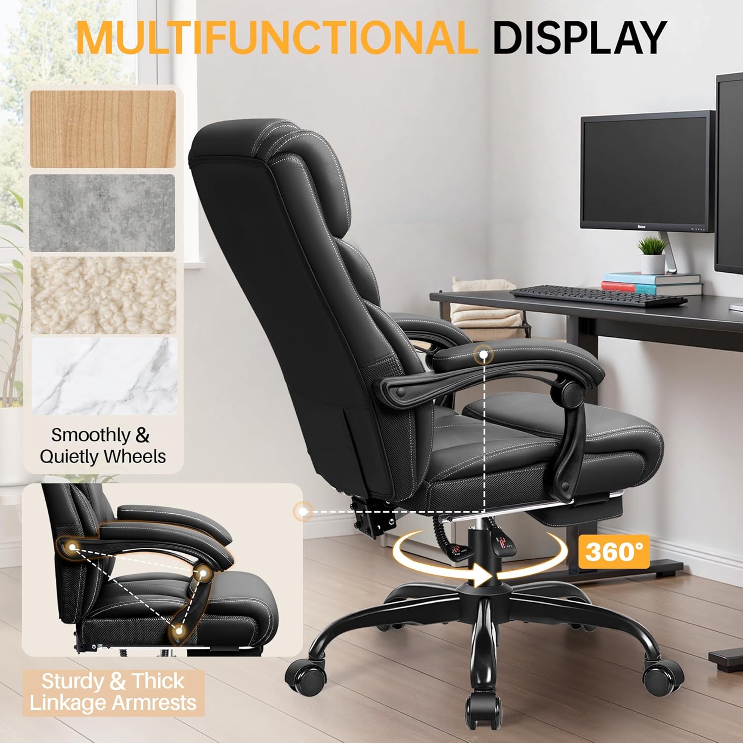 Office Chair, Executive Big and Tall Leather Desk Chairs with Footrest, Ergonomic Breathable Computer Chair with Adjustable High Back, Lumbar Support Swivel PC Chairs with Rocking Function