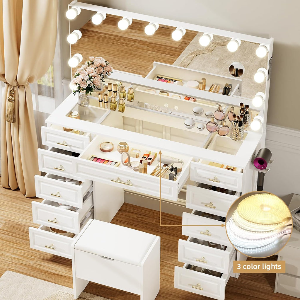 VOWNER Vanity with Lighted Mirror - Glass Top Makeup Vanity Desk w/Bluetooth Speaker, 14 Lights and 11 Drawers, 3 Color Lighting Modes Adjustable Brightness, Makeup Desk with Outlet for Bedroom, White